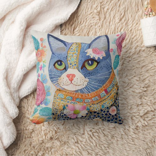 Cat Lovers Artsy Whimsical Gift Grandma Daughter Throw Pillow