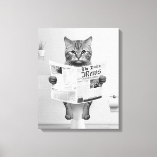 Cat Lovers Bathroom Wall Art, Black and White Cat Canvas Print