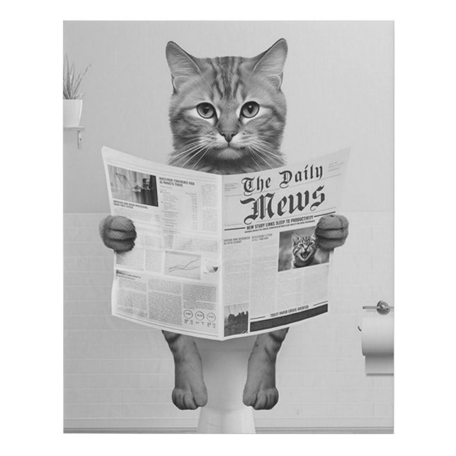 Cat Lovers Bathroom Wall Art, Black and White Cat Faux Canvas Print (Front)