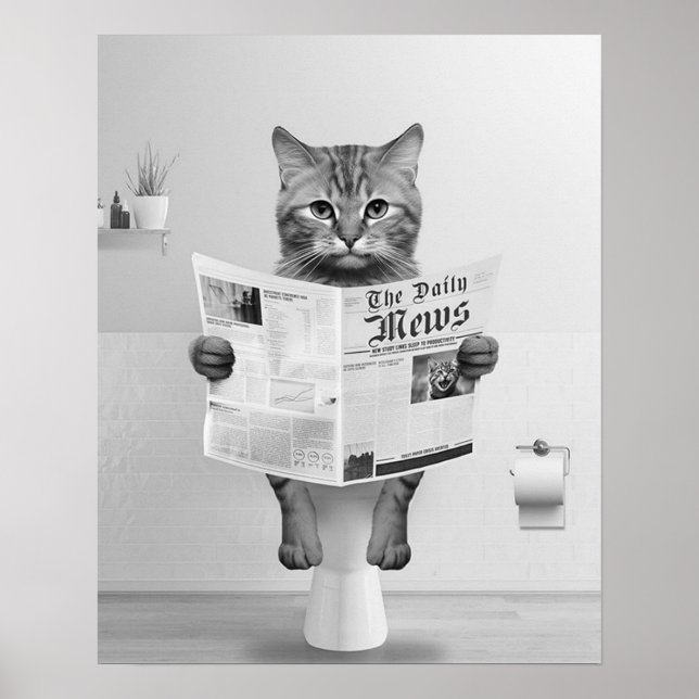Cat Lovers Bathroom Wall Art, Black and White Cat Poster (Front)