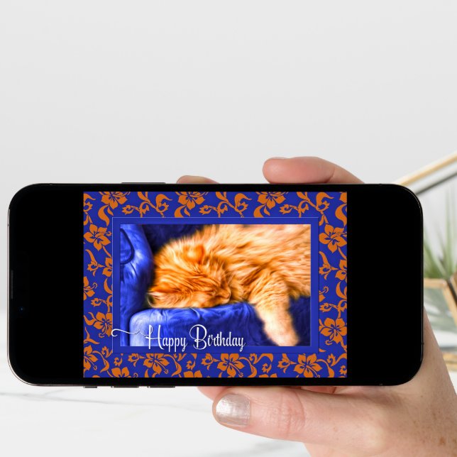 Cat Lover's Birthday Orange Tabby Royal Blue Card (Front Digital)