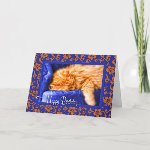 Cat Lovers Birthday Orange Tabby Royal Blue Card