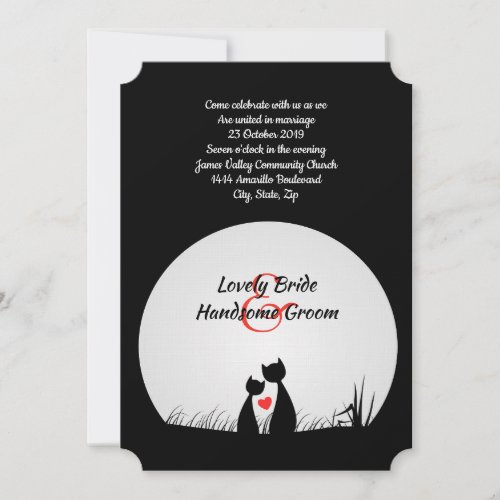 Cat Lovers Black White Moon Wedding Invitation