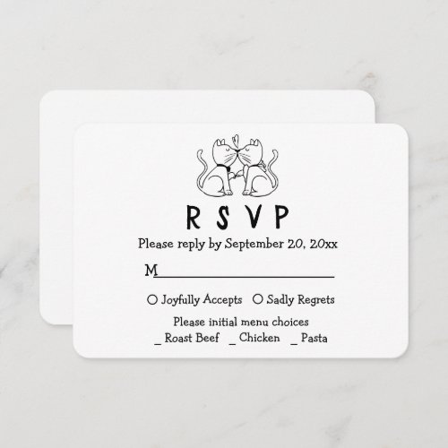 Cat Lovers Cartoon Kitty Black White Wedding RSVP