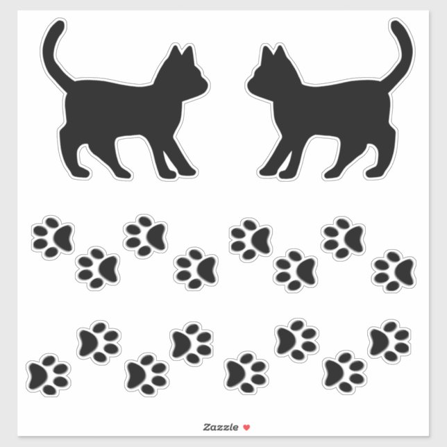 Cat Lovers Cat Silhouettes & Paw Print Decals (Sheet)