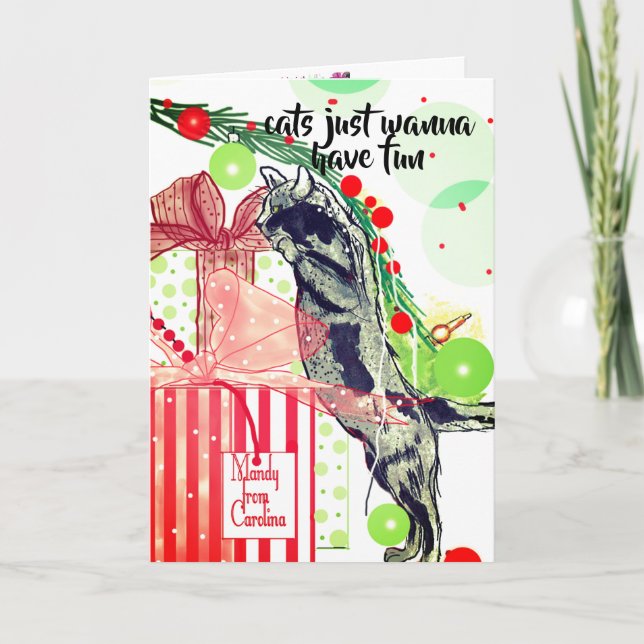 Cat Lovers Christmas with mischievous cat art Holiday Card (Front)