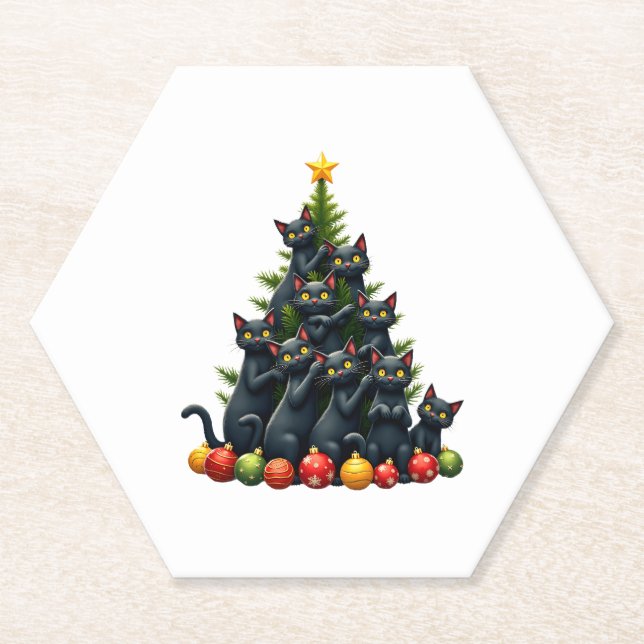 Cat Lovers Cute and Funny Holiday Tree Christmas 3 Paper Coaster (Front)