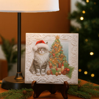 Cat Lovers Embossed Christmas Holiday  Ceramic Tile