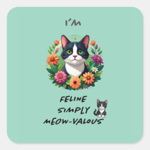Cat lovers floral Tuxedo cat Square Sticker
