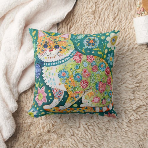 Cat Lovers Folk Art Floral Gift Grandma Daughter Throw Pillow