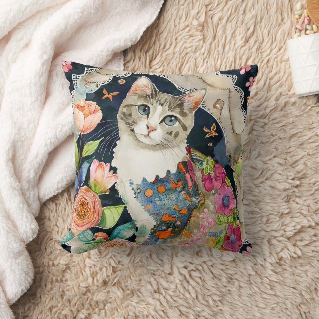 Cat Lovers Gift for Grandma Mother Daughter Artsy Throw Pillow (Blanket)