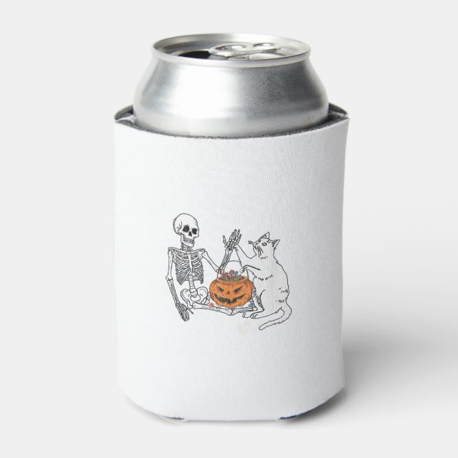 Cat Lovers Halloween Funny Skeleton and Cat Lazy C Can Cooler (Can Front)