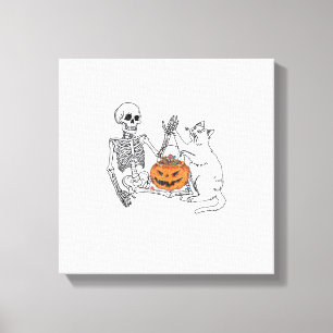Cat Lovers Halloween Funny Skeleton and Cat Lazy C Canvas Print