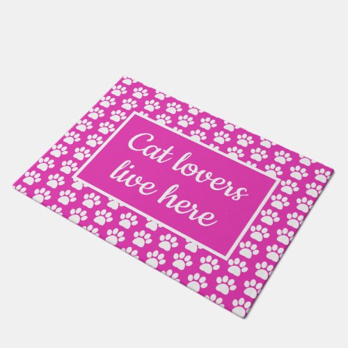 Cat Lovers Live Here Cute Pink and White Paw Print Doormat