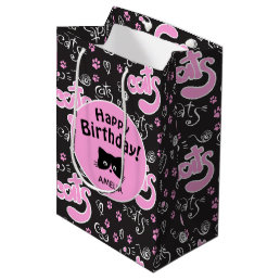 Cat Lovers Pink and Black Personalised Birthday Medium Gift Bag