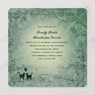 Cat Lovers Square Ornate Green Vintage Wedding Invitation