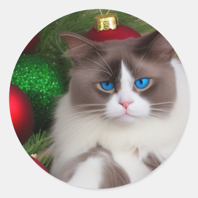 cat loves christmas tree fun  classic round sticker (Front)
