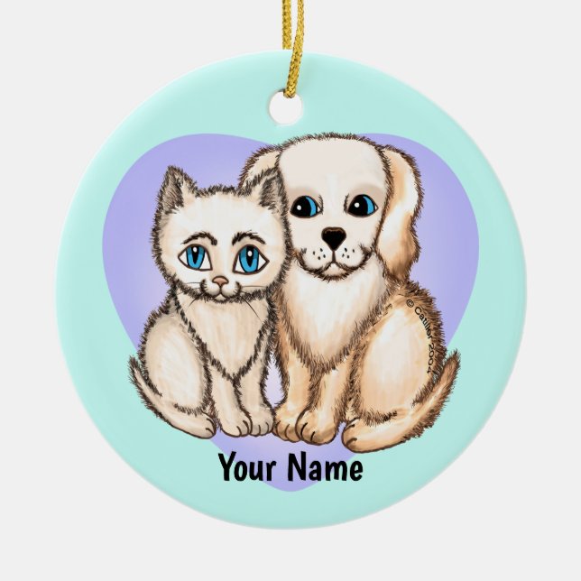 Cat Loves Dog  Ceramic Ornament (Front)