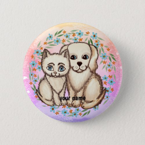 Cat Loves Dog custom name pin button 