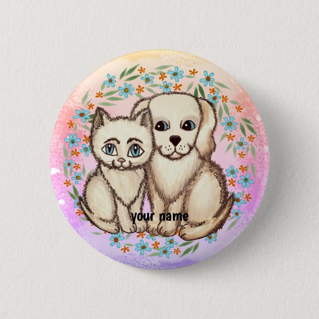 Cat Loves Dog pin button  (Front)