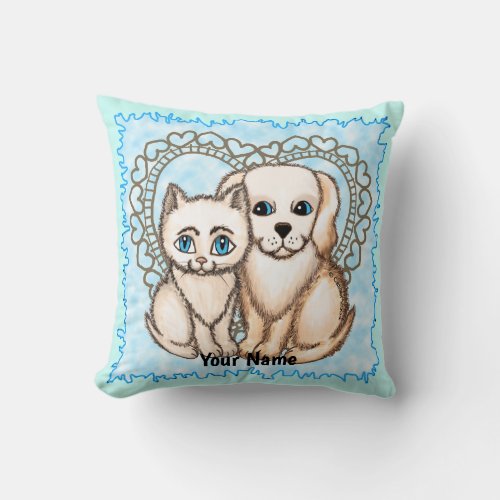 Cat Loves Dog  TBA custom name  Throw Pillow