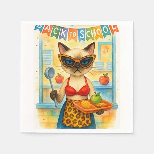 Cat Lunch Lady Serving Food Back to School Themed Napkins (Front)