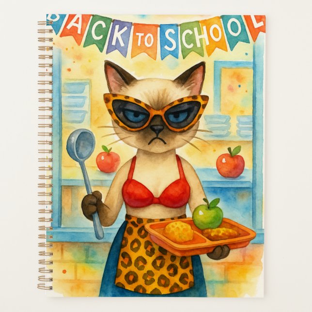 Cat Lunch Lady Serving Food Back to School Themed Planner (Front)