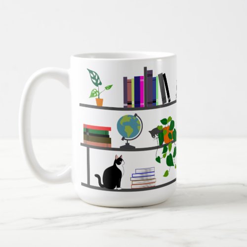 Cat Lying on a Bookshelf Cat Book And Plant Gift Coffee Mug