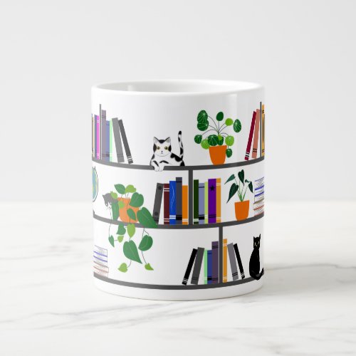 Cat Lying on a Bookshelf Cat Book And Plant Gift Giant Coffee Mug
