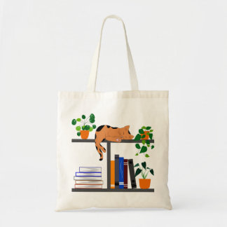 Cat Lying on a Bookshelf, Cat Book And Plant Gift Tote Bag