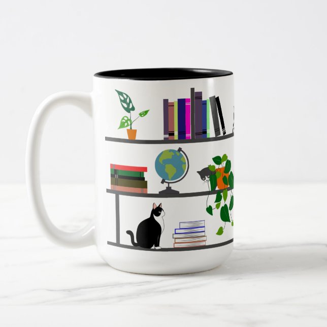 Cat Lying on a Bookshelf, Cat Book And Plant Gift Two-Tone Coffee Mug (Left)