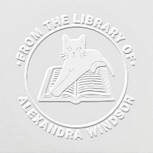 Cat Lying on open Book - Library Book Name Embosser