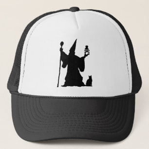Cat Magic Silhouette Skull Sorcerer Staff Wizard. Trucker Hat