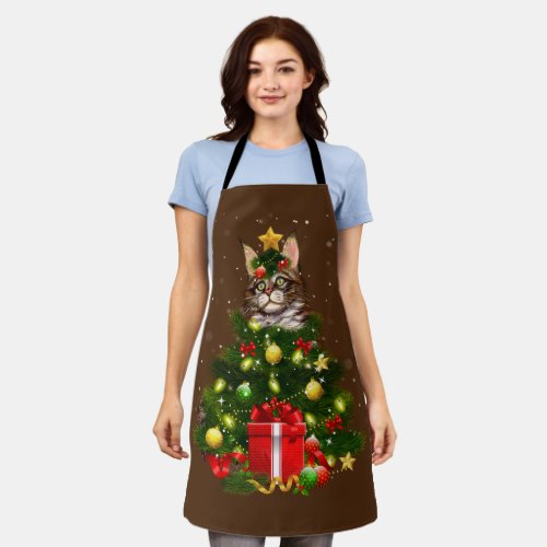 Cat Maine Coon Cat Xmas Tree Lights Cat Lover Ugly Apron