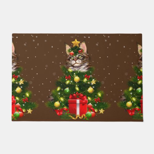 Cat Maine Coon Cat Xmas Tree Lights Cat Lover Ugly Doormat