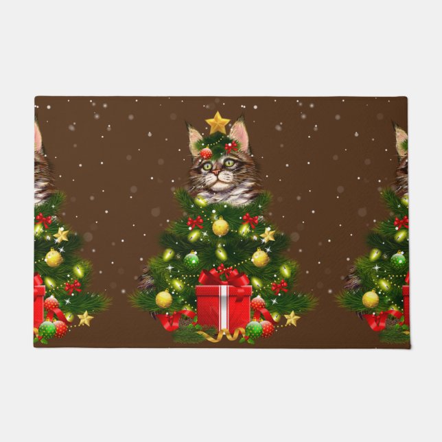 Cat Maine Coon Cat Xmas Tree Lights Cat Lover Ugly Doormat (Front)