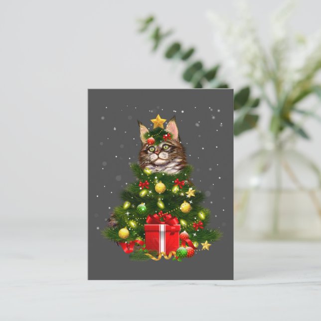 Cat Maine Coon Cat Xmas Tree Lights Cat Lover Ugly Postcard (Standing Front)