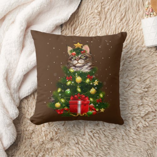 Cat Maine Coon Cat Xmas Tree Lights Cat Lover Ugly Throw Pillow