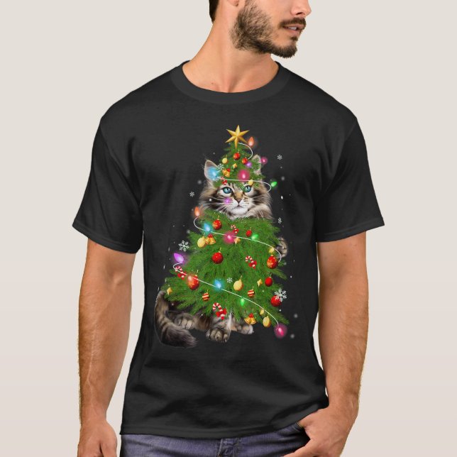 Cat Maine Coon Christmas Tree Holiday Cat Lovers X T-Shirt (Front)