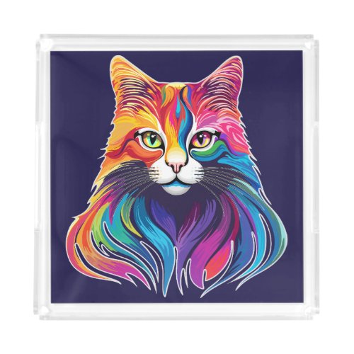 Cat Maine Coon Portrait Rainbow Colors  Acrylic Tray