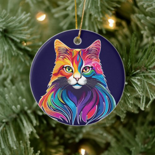 Cat Maine Coon Portrait Rainbow Colors  Ceramic Ornament