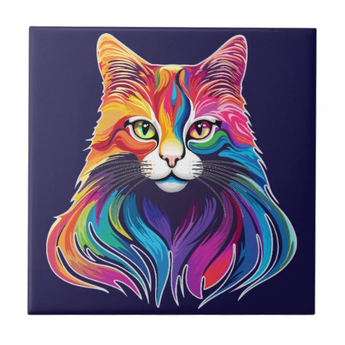 Cat Maine Coon Portrait Rainbow Colors  Ceramic Tile