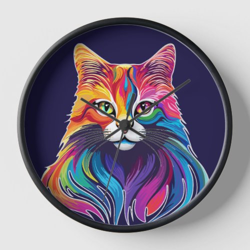 Cat Maine Coon Portrait Rainbow Colors  Clock
