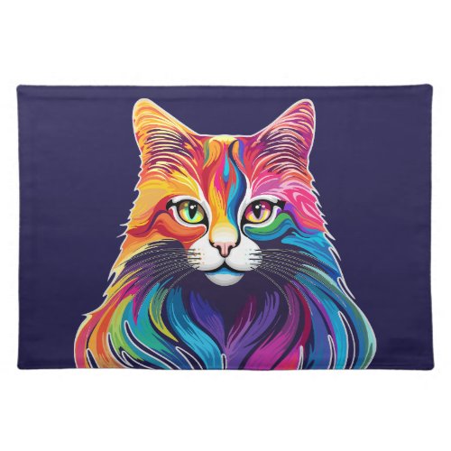 Cat Maine Coon Portrait Rainbow Colors  Cloth Placemat