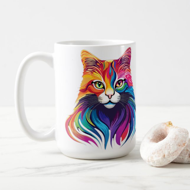 Cat Maine Coon Portrait Rainbow Colors  Coffee Mug (With Donut)