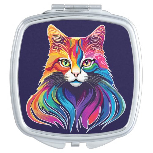 Cat Maine Coon Portrait Rainbow Colors  Compact Mirror