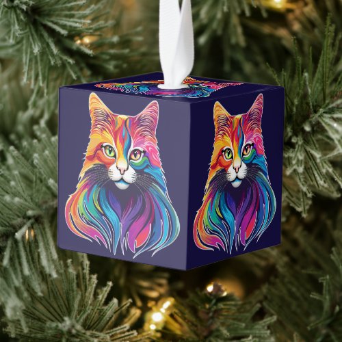 Cat Maine Coon Portrait Rainbow Colors  Cube Ornament