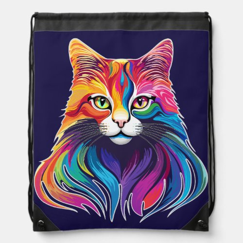 Cat Maine Coon Portrait Rainbow Colors  Drawstring Bag