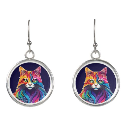 Cat Maine Coon Portrait Rainbow Colors  Earrings