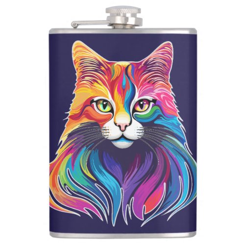 Cat Maine Coon Portrait Rainbow Colors  Flask